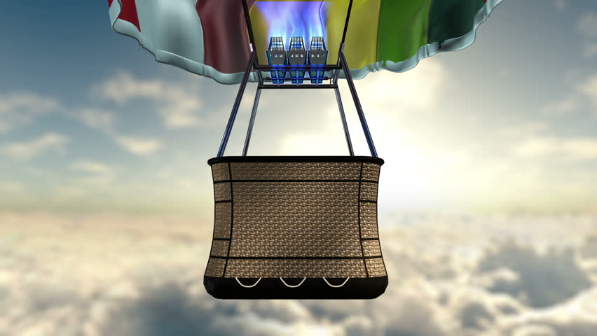flying aerostat with basket, sun flare and cloud layer, and place for logo