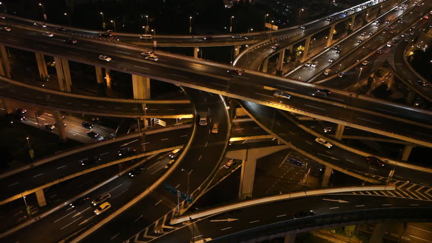 Night Aerial View of Shanghai busiest highway, Yan'an East Road Overpass, Interchange