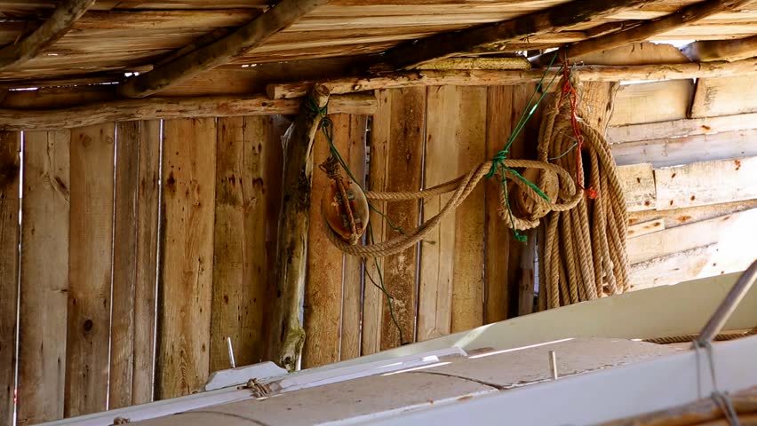 Balearic islands fisher boat wooden sunroof house with ropes and fishing tackle
