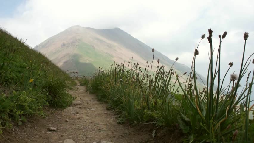 Son and father walking in the high Alps mountains