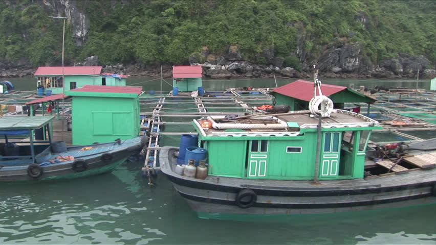 Ha Long Bay, Vietnam - CIRCA December, 2006: View from a moving boat of floating villages with residents and boats passing by