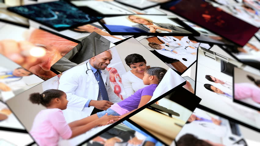 Montage 3D tablet images of medical hospital doctors and consultants with patients
