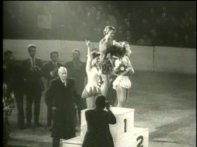 Carol Heiss from USA, Ingrid Wendl and Hanna Walter, both from Austria, at World Figure Skating Championship in Paris circa 1958 - MGM PICTURES, UNIVERSAL-INTERNATIONAL NEWSREEL, USA, filmed in 1958
