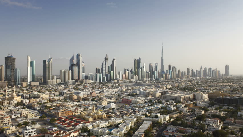 an elevated view of the new Dubai skyline of modern architecture and skyscrappers on Sheikh Zayed Road, UAE