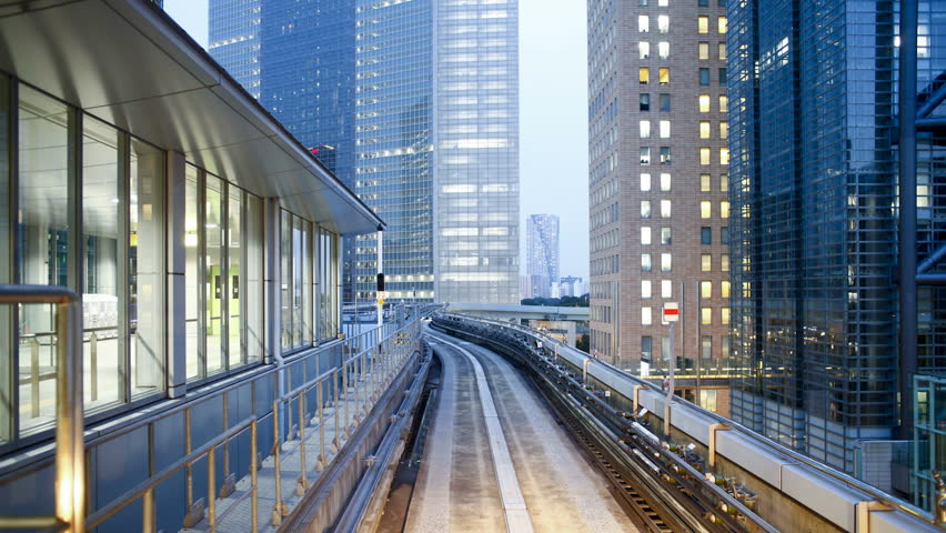 TOKYO, JAPAN - CIRCA MAY 2011:Elevated train line across the Rainbow Bridge and through Tokyo