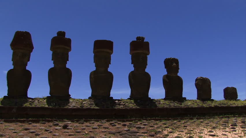 Blue sky and Moai in a line at Easter Island