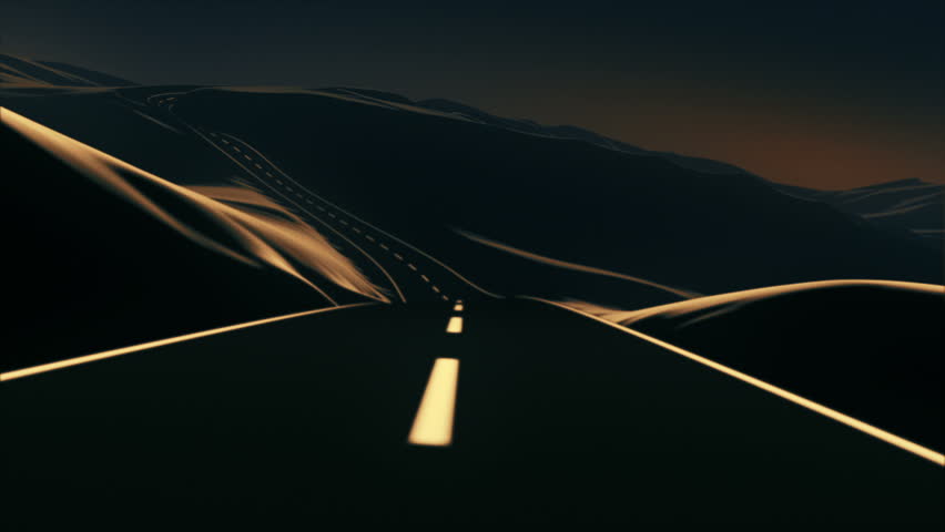 Go on an abstract road trip through the mountains. It has a kind of vector art look, with a slight dose of depth of field and motion blur for a touch of realism. 3D animation. 
Color, sunset.