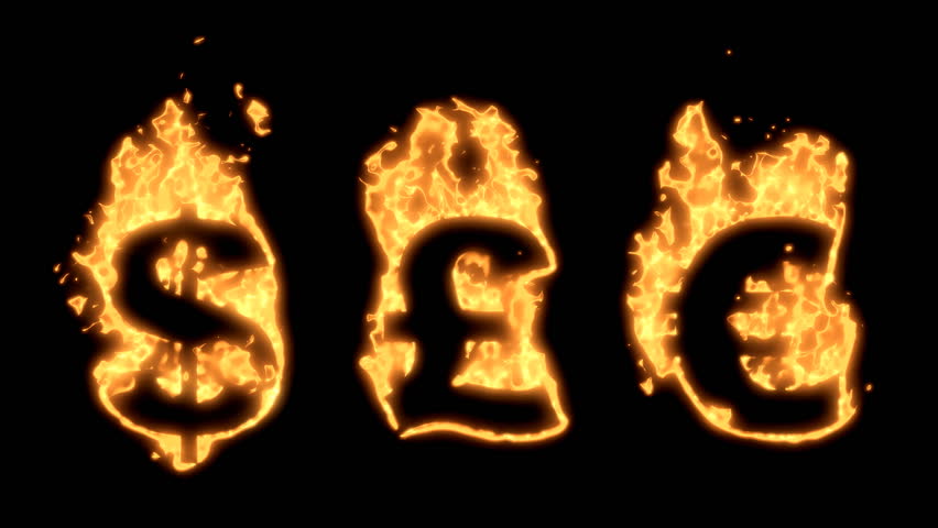 Flaming Alphabet. Euro, pound and dollar symbols bursting into flames. Part of a series an alphabet, numbers and other characters.