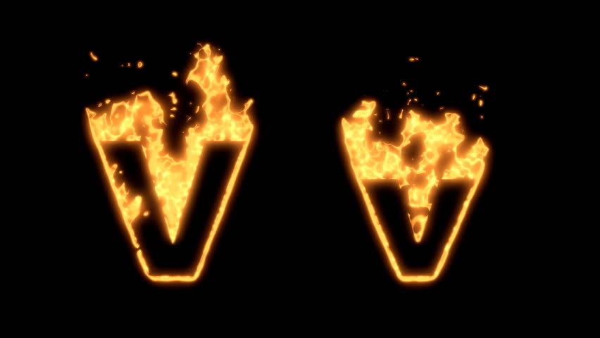 Flaming Alphabet. Upper and lower case V bursting into flames. Part of a series an alphabet, numbers and other characters.