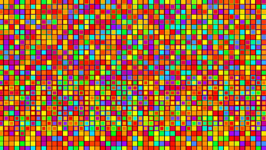 Whole frame is filled with colored squares changing size. Cartoony feel.