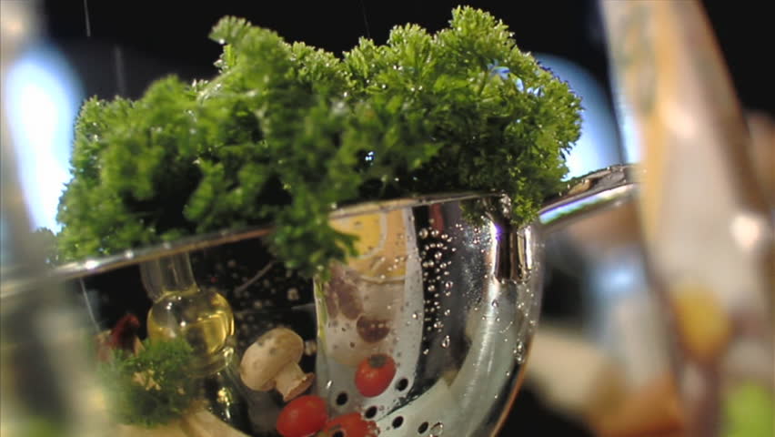 Cooking salad sequence. Vegetables table- top.