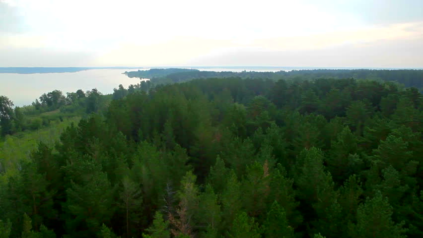flight above beautiful lake