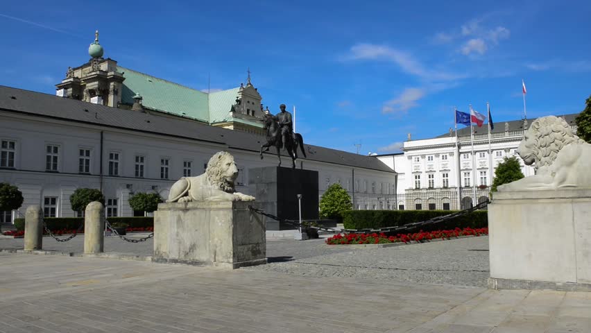 The classicist style Presidential Palace with equestrian statue of polish general, Prince Jozef Poniatowski, located at Krakowskie Przedmiescie Street in Warsaw, Poland, 
