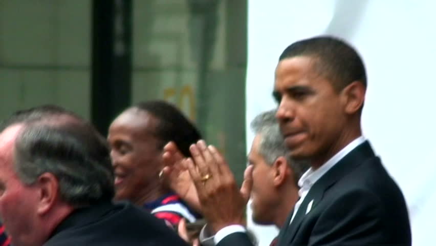 Chicago - June 6, 2008:  Senator Barack Obama, Chicago Mayor Daley, Congressman Rahm Emanuel, and Jackie Joyner-Kersee at an Olympic rally at the Chicago Daley Center..
