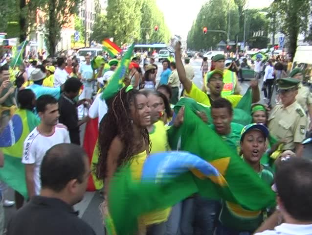 MUNICH - JUNE 27: Brazilian soccer fans celebrating during the FIFA World Cup on June 27, 2006 in Munich, Germany.
