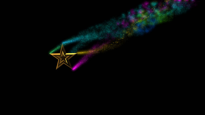 A 7 second animation (with a 7 second alpha mask) of a gold star with five multi-color particle trails flying from screen right toward the viewer in a arcing motion off screen.