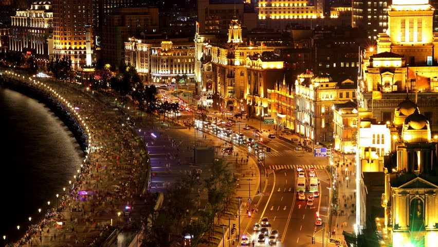 The New Bund in Shanghai, China, timelapse(Aerial View)