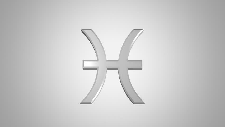 Pisces (The Fish) zodiac symbol rotates on a gray background. Seamless looping. Luma matte included.