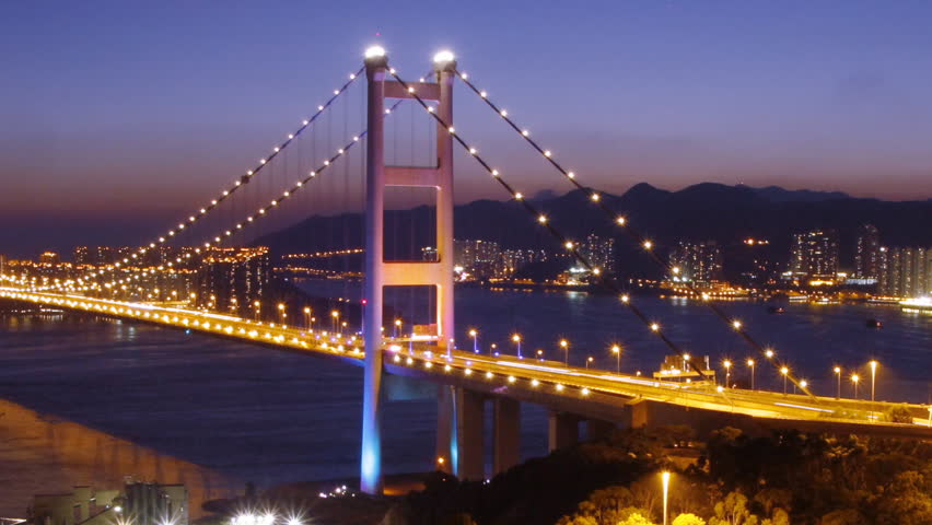 Time lapse of  Tsing Ma Bridge at night - Tsing Ma Bridge is a bridge in Hong Kong. It is the world's seventh-longest span suspension bridge.