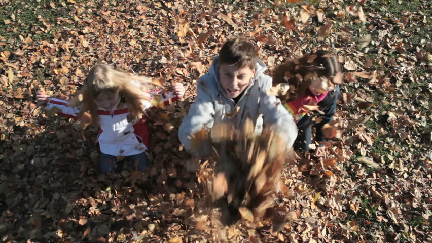 The above view of children playfully throwing autumn leaves up in the air creating more mess