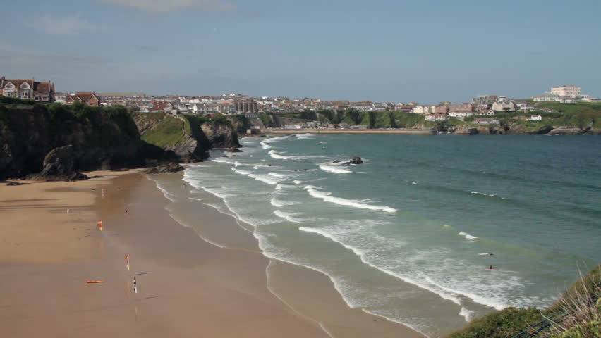 Overall view of Great Western beach and waves, Newquay, Cornwall, England