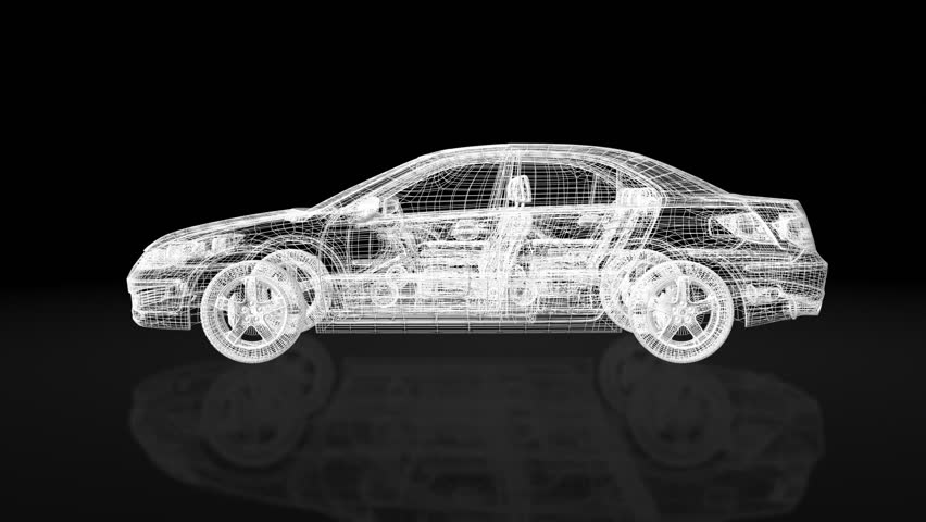 Luxurious car morphing from wire frame blueprint to final product,rotating,ground reflection,wind tunnel