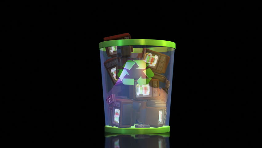 Recycle your electronics, Vintage TV and cameras falling into a Garbage Bin against black, Alpha