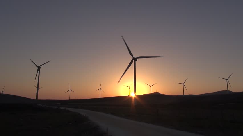 wind power mills next to Zahara village at Cadiz Andalusia in Spain
