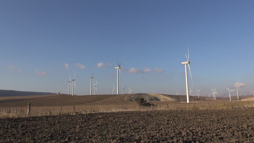 wind power mills next to Zahara village at Cadiz Andalusia in Spain
