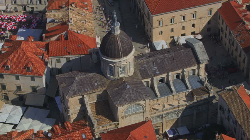 Helicopter aerial shoot of Dubrovnik old town cathedral, Croatia