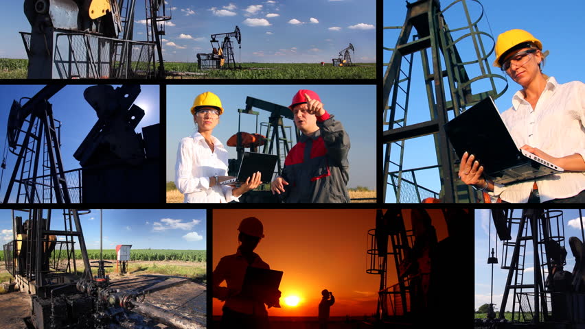 Workers in an oilfield, split screen. Female engineer and oil man working together, teamwork 