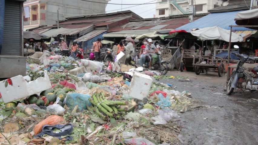 PHNOM PENH - JUNE 2012: closeup shot of local Asian market and refuse dump