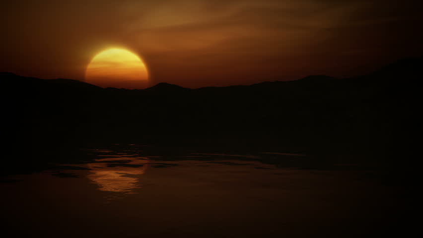 animated sun rising over mountains and lake, beautiful colouring and realistic wave ripples.