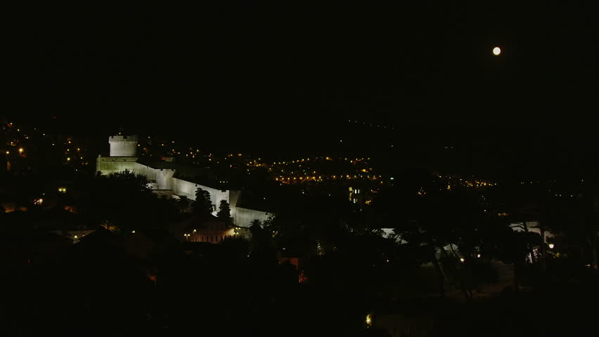 Dubrovnik old city by night, Croatia. Fortress Minceta detail.