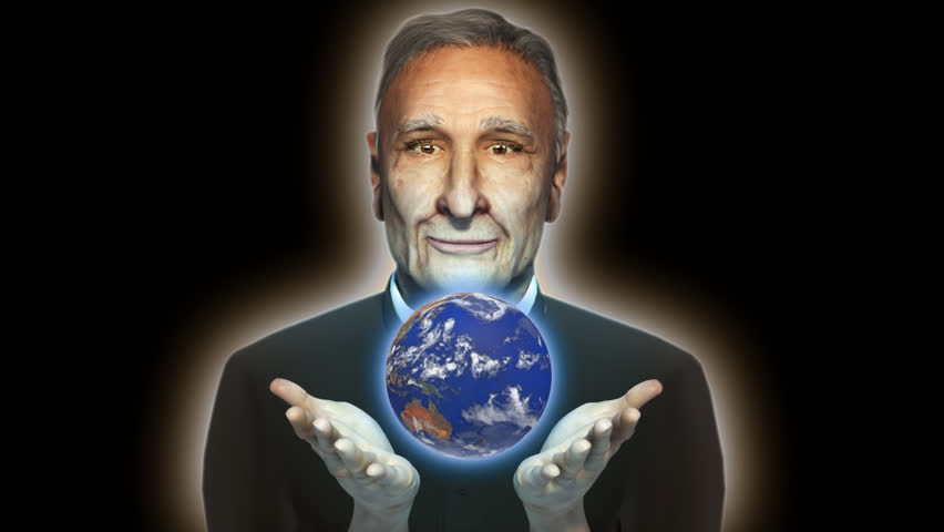 "Wise old man with spinning world earth in palm of hands globe showing geographical location continents Australia Africa Europe America 
Asia Antarctica countries and ocean sea water "