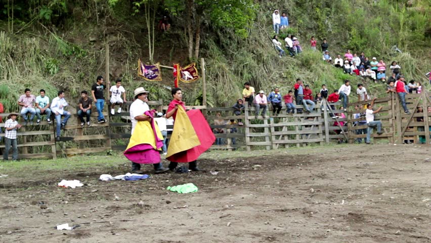 BANOS DE AGUA SANTA,ECUADOR - 28 OCTOBER 2012:Improvised bullfights for the city ceremony gives people the opportunity to try out their skills in bullfighting