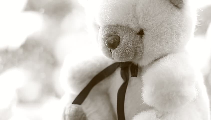 Near the window teddy bear observing winter.
