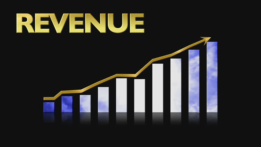 Animated bar graph shows upward trend in revenue on a black background.