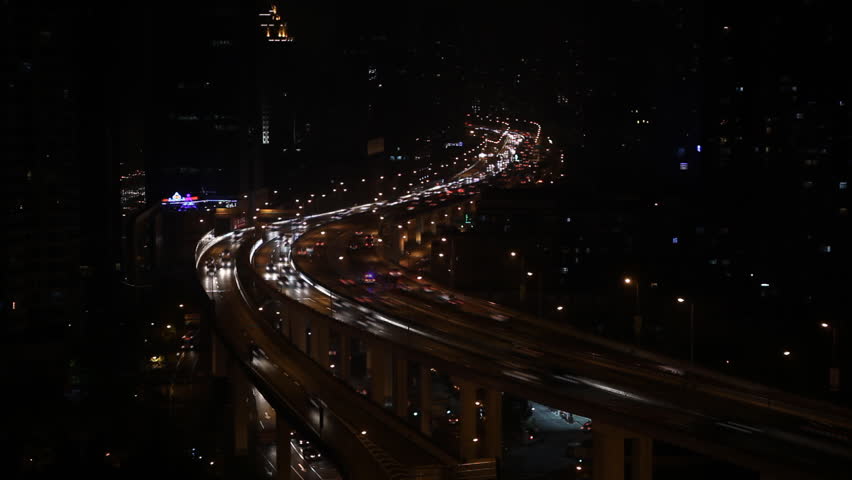 Aerial View of Shanghai Skyline, China, Yan'an East Road Overpass, blurred logos, time lapse