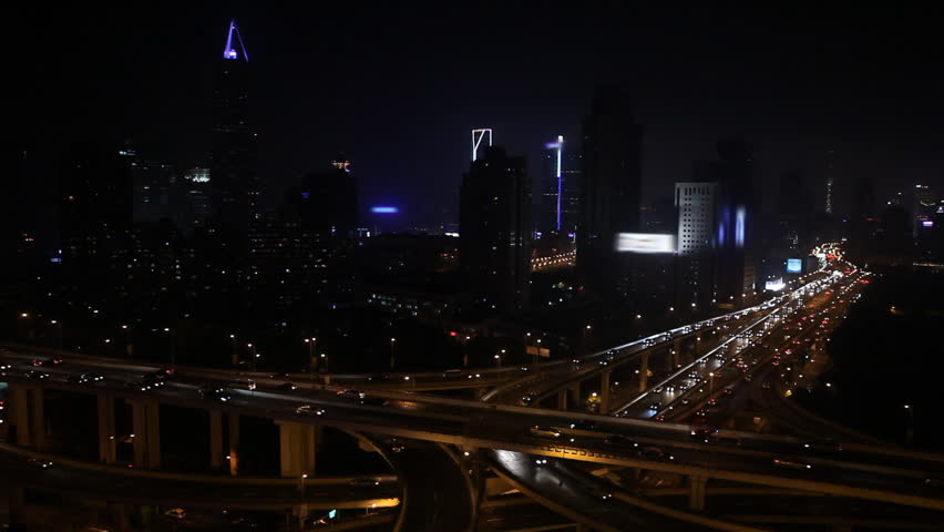 Aerial View of Shanghai Skyline, China, Yan'an East Road Overpass, blurred logos