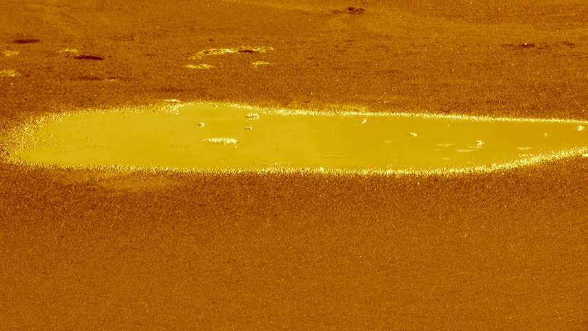 Golden color water evaporating fast from a little puddle on the brown sand