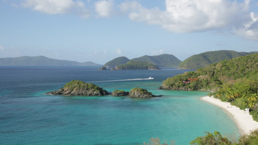 Locked down and panning view of Trunk Bay on St. John, USVI, often referred to as one of the most beautiful beaches in the world.