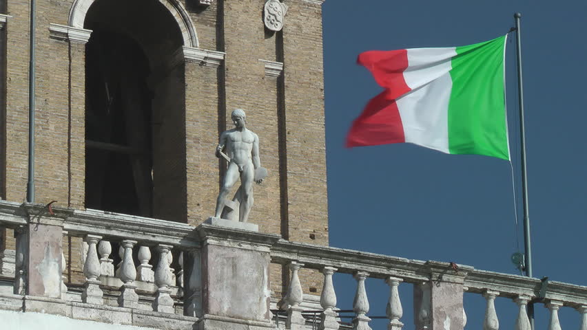 Flag of Italy, nude statue, too, at the Capitoline Plaza, Rome.