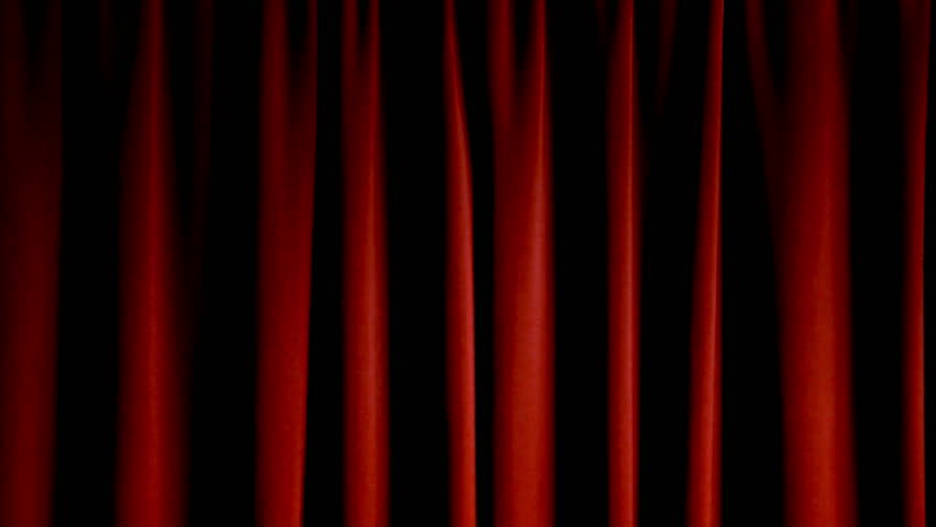 Old fashioned, elegant theater stage with velvet curtains that open up to black background.