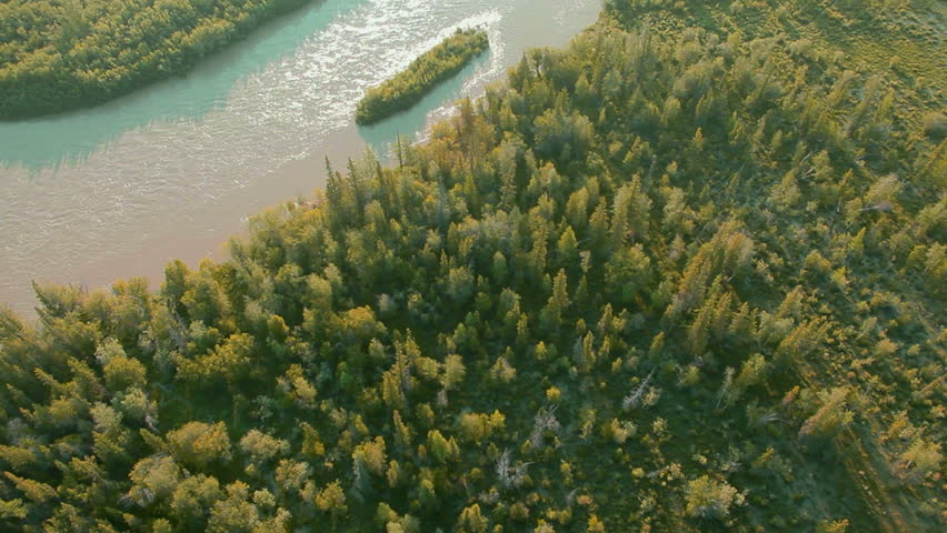 flight over mountain river