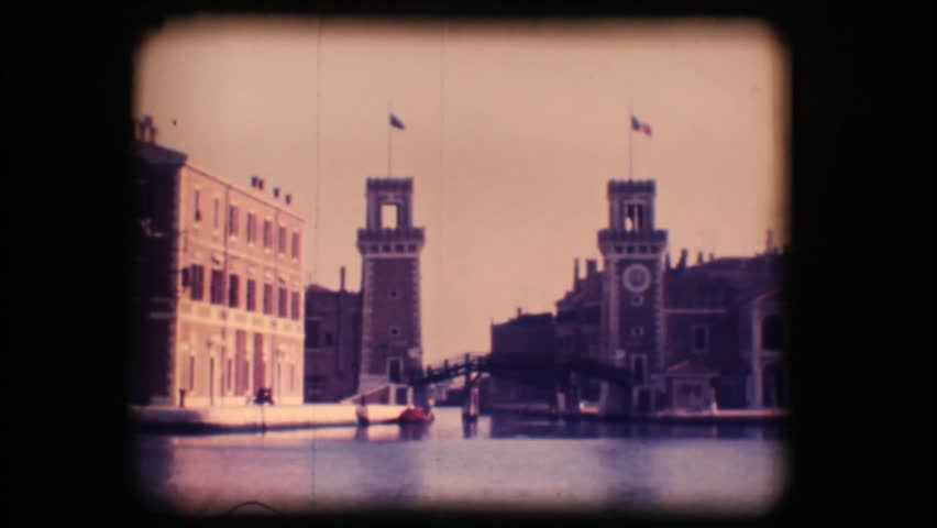Vintage 8mm. Original footage digitalized. Venetian Arsenal seen from a boat
