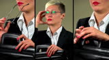 Concerned, agitated and bored businesswoman with a briefcase and glasses waiting for a job interview  
