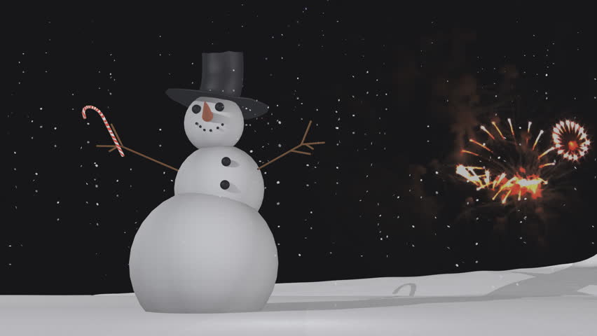Animation of jolly dancing snowman under falling snow and fireworks loop