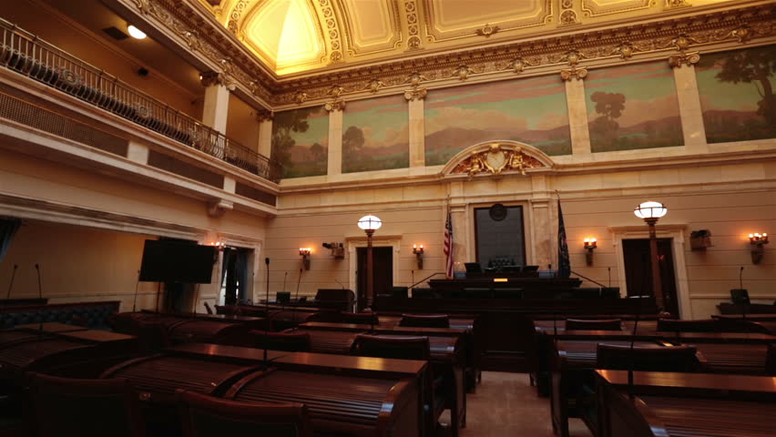 SALT LAKE CITY, UTAH NOV 2012: Utah State Capital Senate Chamber pan. Utah State capital building high on a hill overlooking the city of Salt Lake City. Elegant architectural interior design.