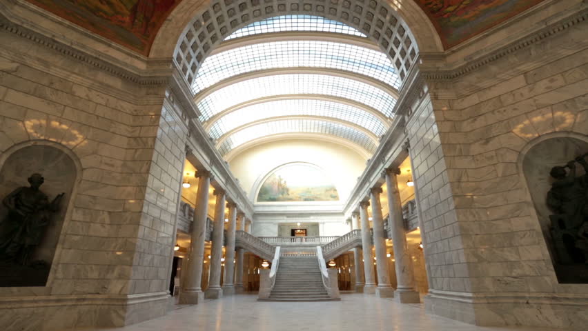 SALT LAKE CITY, UTAH NOV 2012: Utah State Capital pan around rotunda room. Utah State capital building high on hill overlooking city of Salt Lake City. Elegant architectural interior design.